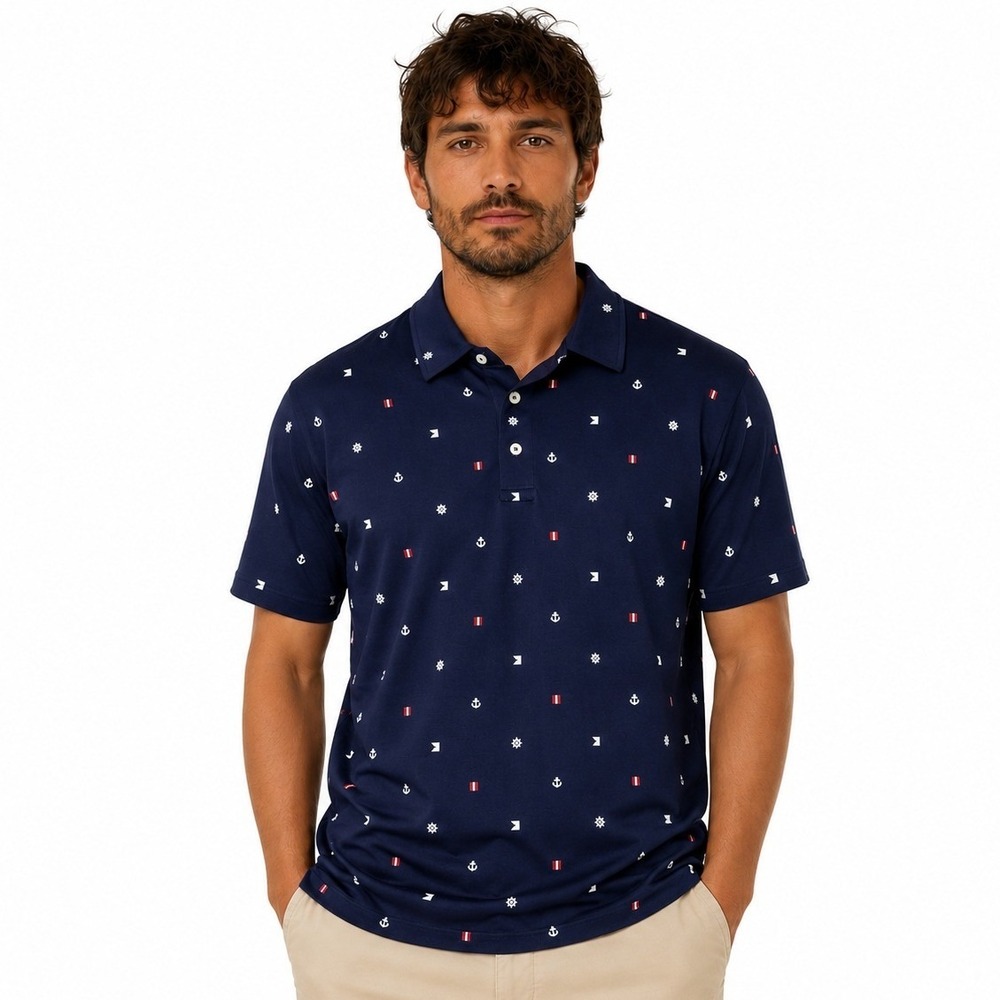 Cremieux Polo Shirt Men Large Navy Blue Nautical Anchor Print Cotton ShortSleeve